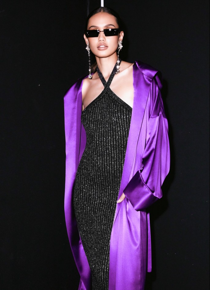 PURPLE SILK SATIN BELTED ROBE WITH HOOD